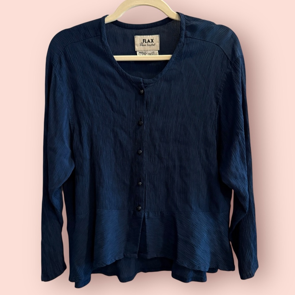 Flax Blue Textured Button Down Peplum Top